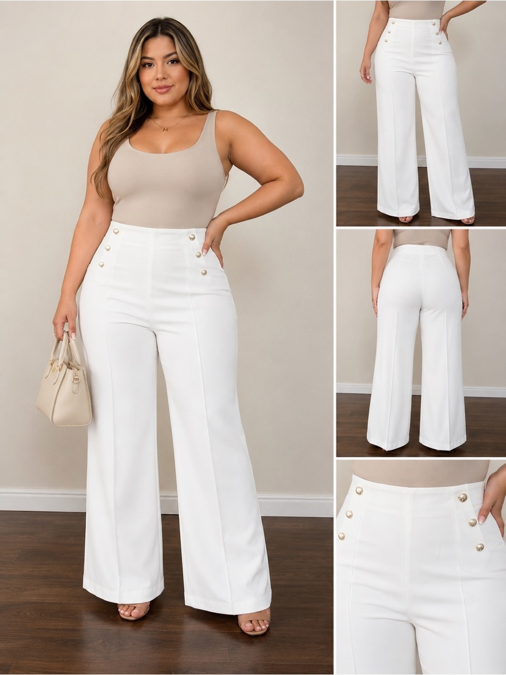 VENUS White Wide-Leg Trousers with Decorative Buttons